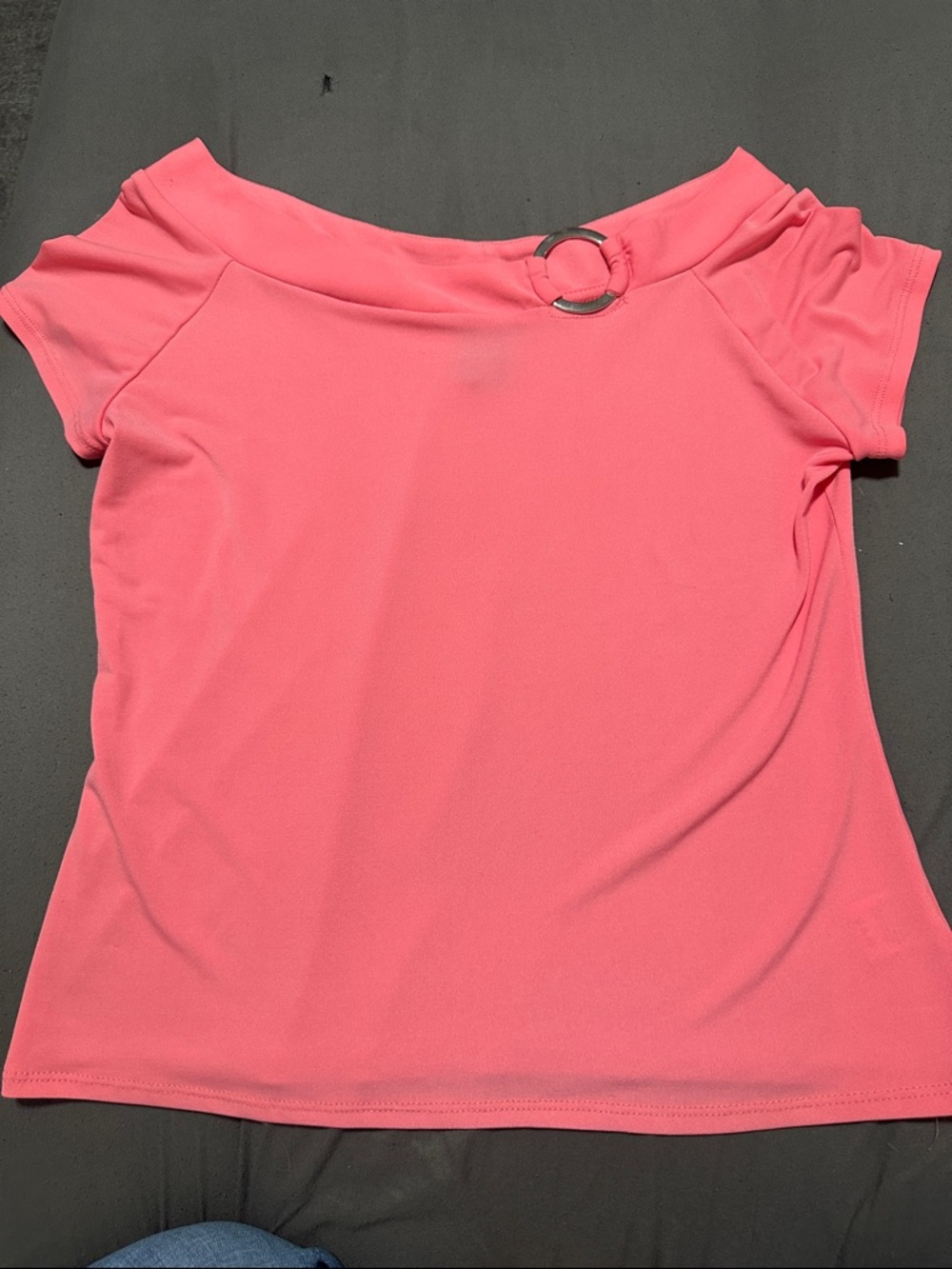 George Coral Pink Off-Shoulder Short Sleeve Top with Ring Accent